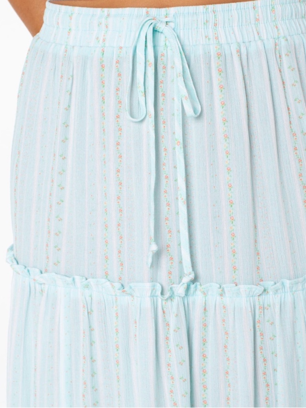 Celebrity Pink Light Blue Floral-Stripe Midi Skirt with Drawstring